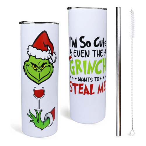 IchDich Christmas Tumbler Christmas Gifts for Women 20oz Grinch Tumbler With Lid and Straw Insulated Stainless Steel Christmas Skinny Tumbler Water Bottle Travel Mug Wine Cups
