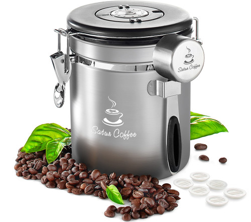 Coffee Canister Airtight Coffee Container - Stainless Steel Coffee Storage for Beans, Grounds, Tea, Sugar - Coffee Containers with Date Tracker, Scoop, CO2 Valve Filters, Large Coffee Jar 16oz, Silver