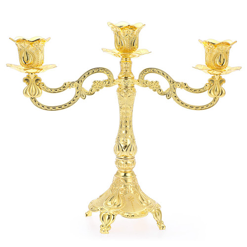 OwnMy 3 Arms Metal Taper Candlestick Holder Elegant Golden Taper Candelabra Decor, Retro 3-Arms Tall Taper Candle Holder Vintage Taper Candle Stand for Dining Room Table Centerpiece Wedding Party