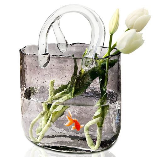 Akaco Purse Vase for Flowers Grey Glass Bag Vase Unique Flower Vase Decorative Fish Bowl Handbag Cute Vase Bubble Wide Mouth Vase for centerpieces Home Wedding Decor