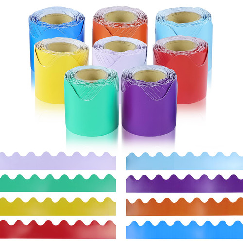 8Pcs Bulletin Board Borders, Classroom Borders for Bulletin Board, Colorful Bulletin Board Borders, Wave-Shaped Scalloped Bulletin Board Borders for Classroom Party Home Rainbow Decor