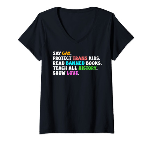 Womens Say Gay Protect Trans Kids Read Banned Books Groovy Funny V-Neck T-Shirt