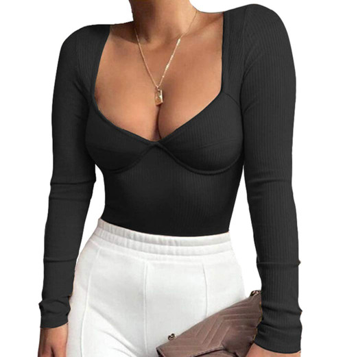 Doklens Womens V Neck Bodysuit Long Sleeve Ribbed Bodysuit Leotard Jumpsuit Tops