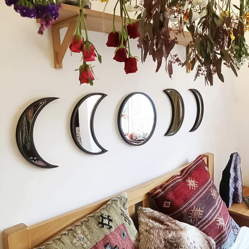 Slthe 5 Piece Moon Phase Mirror Set, Scandinavian Natural Decor Wall Decorative Mirror Home Decor Bohemian Moon Mirror for Living Room Bedroom, Acrylic Mirror, Not Real Mirror(Black)