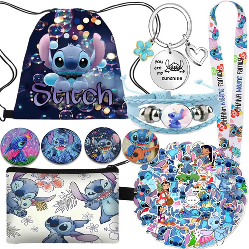 EMISOO Stitch Merchandise Stuff Gift Set, Stitch Anime Drawstring Bag, Keychain, Keychain Lanyard, Purse, Bracelets, Sticker, Button Pins (Black A)