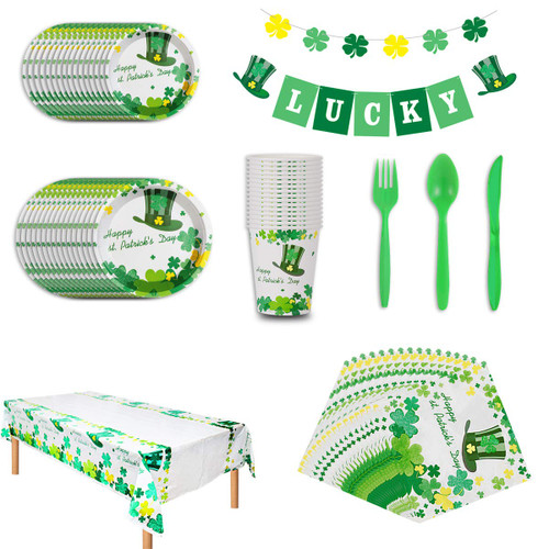 Disposable Dinnerware Set St Patrick's Day Party Supplies Green Shamrock Disposable Dessert Plates Tableware Set Serves 16