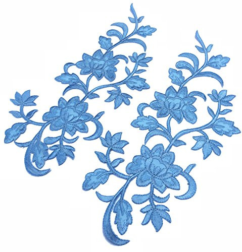 Two Big Flower Iron on Embroidered Appliques Patch Embroidered Lace Fabric Ribbon Trim Neckline Collar (Blue)