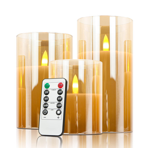LED Flameless Candles Flickering with Timer & Remote Control, Battery Operated Warm Light LED Gold Glass Candles Gift Set, Set of 3 Pillar Candles of 4" 5" 6" for Party Wedding Christmas Decoration