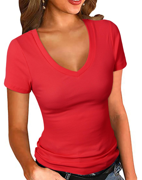 PALINDA Women's Short Sleeves Ribbed Fitted Shirt Basic V Neck Slim T Shirt Tops(Red M)