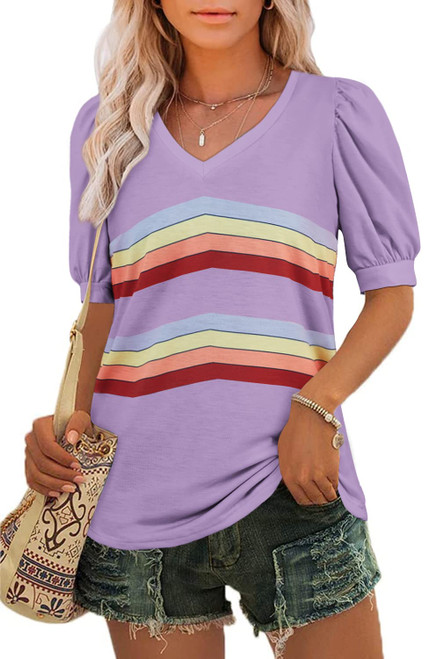 Yousify Womens T-Shirts V Neck Puff Short Sleeve Summer Tops Printed Casual Loose Tunic Blouse
