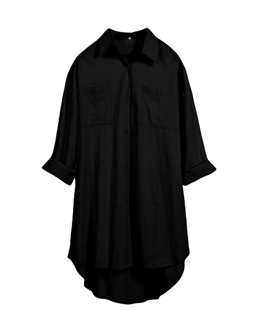 Bianstore Women's Oversized Linen Shirts Blouses Tops Long Sleeve High Low Button Up Shirts (Black-XL)