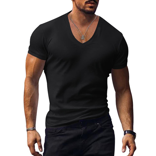 EndoraDore Men's V Neck T Shirt Casual Short Sleeve Muscle Athletic T Shirt Stretch Gym Workout Tee Shirts Black