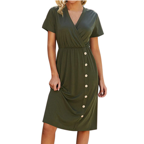 Beach Wedding Guest Dresses for Women Neck Solid Color Sexy Buttons Dress V- A-line Pocket Sleeve Short Women's Dress Beach Wedding Guest Dresses for Women Neck Solid Color Sexy Buttons Dress V- A-line Pocket Sleeve Short Women's Dress