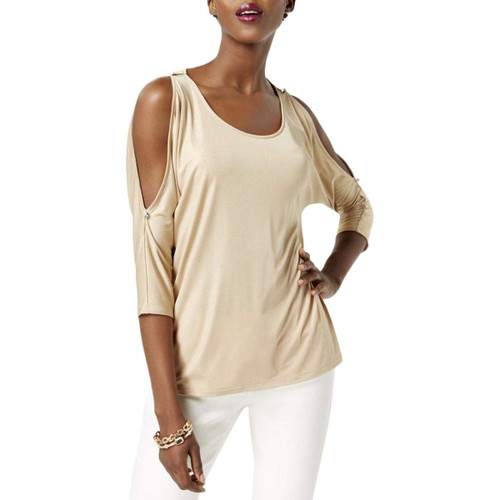 INC Womens Metallic Cold Shoulder Pullover Top Gold M
