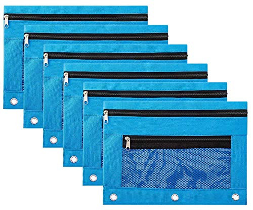 Pencil Case Pencil Pouch Zipper with 3 Ring and Double Pocket and Mesh Window(Blue,6 Pack)