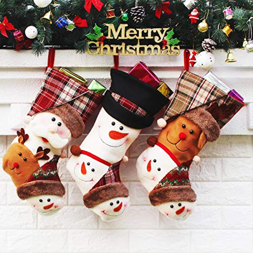 Christmas Stockings, 3 Pack 18" Large Santa Snowman Reindeer Xmas Fireplace Hanging Stockings Decoration Stockings with 3D Plush Faux Fur Cuff for Christmas Decoration and Family Holiday Party Décor