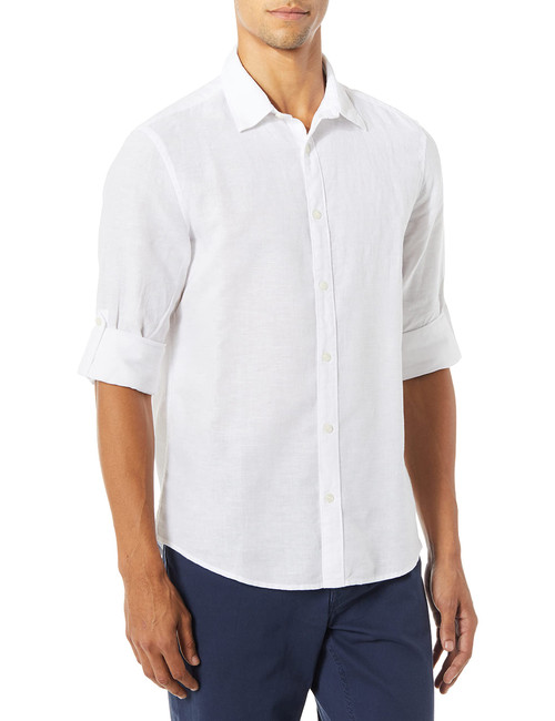 Perry Ellis mens Slim Fit Roll Sleeve Solid Linen Cotton Button-down (Size Small - Xx-large) Button Down Shirt, Bright White, Small US