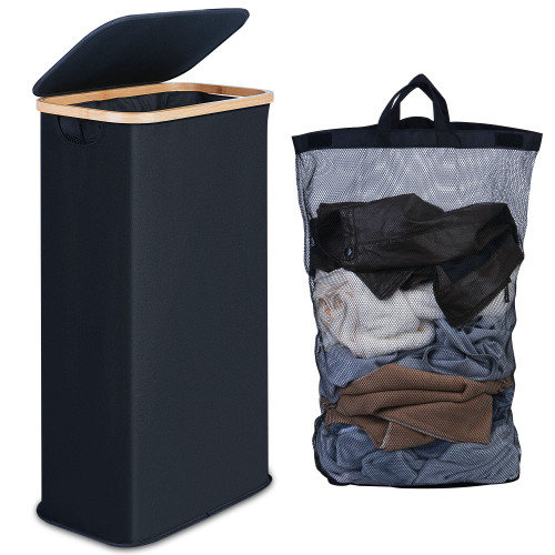 efluky Slim Laundry Hamper with Lid, Narrow Laundry Hamper with Removable Bags, Collapsible Dirty Clothes Basket with Handles for Bathroom, Bedroom & Laundry Room, 63L Black