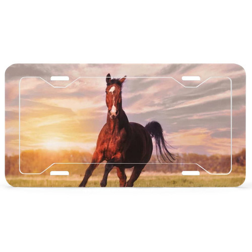 Horse Running on Grass Car License Plate Frame Aluminum Cute Universal Tag Frames Holder With 4 Holes And Screws For Women Men Car Decorative