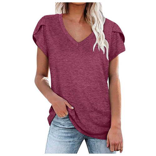 Aniywn Summer T-Shirt, Womens Stylish Casual V-Neck T-Shirt Solid Color Short Sleeve Loose Tunic Blouse Tops Purple