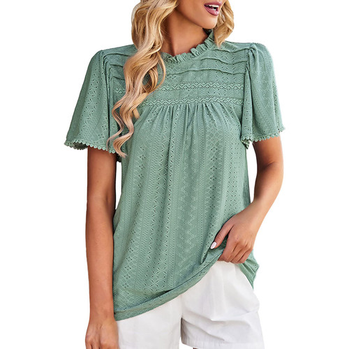 Summer Blouses for Women 2023 Women Solid Crew Neck Pom Short Sleeve Casual Elegant Shirts Blouses Tops Jacquard Green Summer Blouses for Women 2023 Women Solid Crew Neck Pom Short Sleeve Casual Elegant Shirts Blouses Tops Jacquard Green