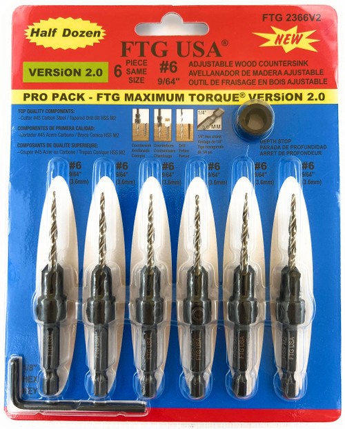 FTG USA Countersink Drill Bit Set 6 Pc #6 (9/64") Wood Countersink Drill Bit with Tapered Drill Bits, Version 2.0 FTG Maximum Torque Countersink Bit with Improved Connection HSS Drill to Hex Shank