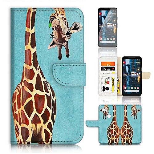 (for Google Pixel 2 XL) Flip Wallet Case Cover & Screen Protector Bundle - A4131 Giraffe