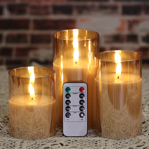 OWLZOO Set of 3 Gold Glass Flameless Candles Battery Operated with Timer and Remote, Flickering Glass LED Pillar Candles Battery Powered, Real Wax, D3 H4 5" 6"