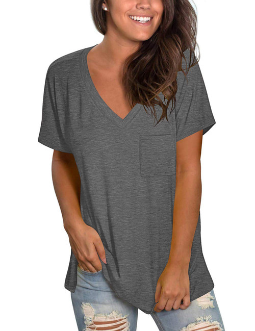 TODOLOR Summer T Shirts for Womens V Neck Basic Tops Short Sleeve Loose Casual Blouses Grey L