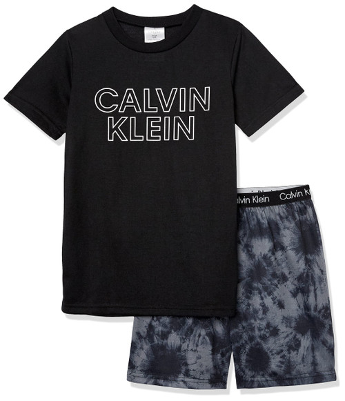 Calvin Klein Boys' Little 2 Piece Sleepwear Top and Bottom Pajama Set, Black Tie Dye, Large