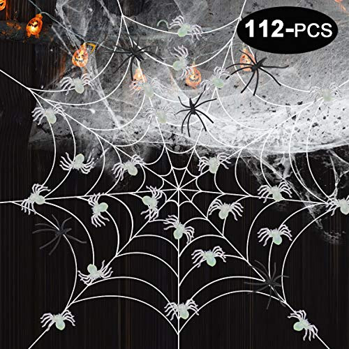 GeeVen Halloween Spider Webs 50 Luminous Spiders Glow in the Dark Stretch Spider Webs 60 Plastic Spiders for Halloween Decorations