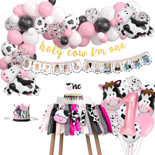 APOWBLS Holy Cow I'm One Birthday Decorations Girl - Cow First Birthday Party Supplies, Photo Banner, Crown, Banner, Balloon Arch, Highchair Banner, Topper, Cow Print Theme 1st Birthday Decorations