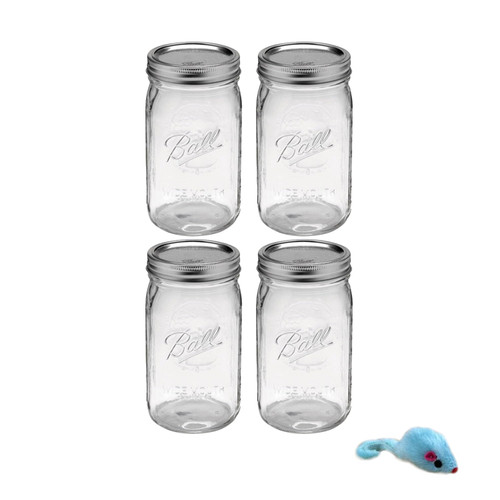 CEO_ARNOLD Mason Jars 32 oz Wide Mouth [4 Pack] With mason jar lids and Bands, Canning.with 1 cat toy mouse.