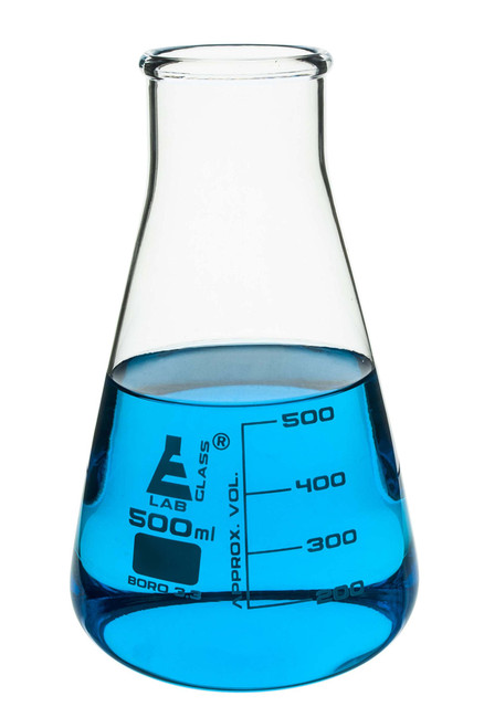 Erlenmeyer Flask, 500ml - Borosilicate Glass - Wide Neck, Conical Shape - White Graduations - Eisco Labs Erlenmeyer Flask, 500ml - Borosilicate Glass - Wide Neck, Conical Shape - White Graduations - Eisco Labs