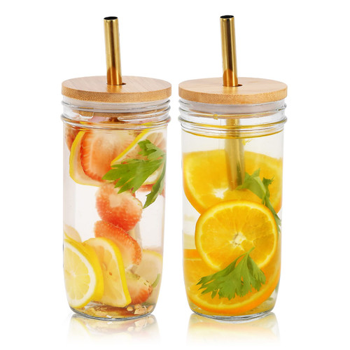VIKEYHOME Bubble Tea Cups 2 Pack 24 oz, Reusable Wide Mason Mouth Smoothie Cups, Iced Coffee Cups With Bamboo Lids and Gold Straws Mason Jar Drinking Glasses Cups, Travel Glass Drinking Bottle
