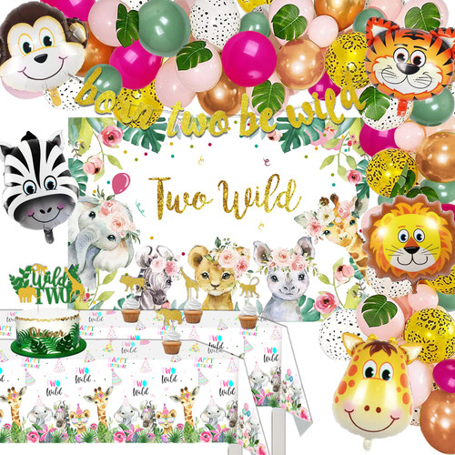 GERPARPY Two Wild Birthday Decorations Girl, Safari Jungle Theme 2nd Birthday Party Supplies Include Banner, Backdrop, Balloons Arch, Tablecloth, Topper, Two Wild Safari Jungle Theme Party Decorations