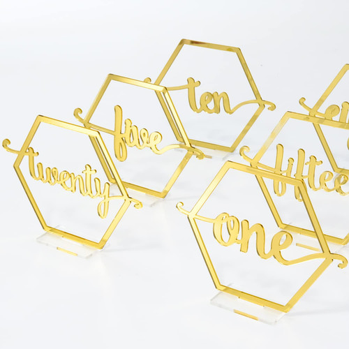 20 Pack Gold Table Numbers for Wedding- 5.2 Inch Mirrored Acrylic Hexagon Table Numbers with Holder, Gold Table Numbers 1-20 for Wedding Party Event Table Centerpieces Decor