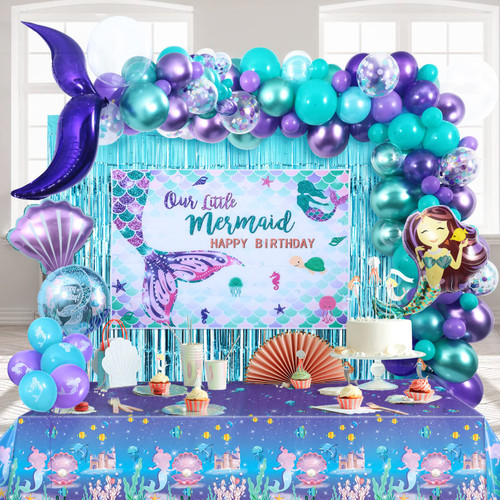 Winrayk Little Mermaid Party Decorations Birthday Supplies Girls Mermaid Balloon Garland with Mermaid Backdrop Tablecloth Mermaid Tail Balloon Fringe Curtain Bobo Balloon Mermaid Birthday Decoration