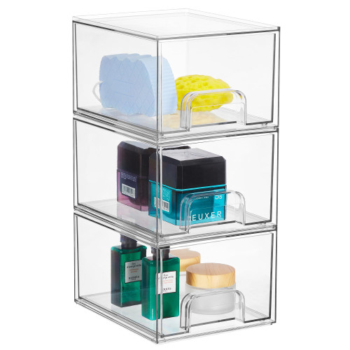 Syntus 3 Piece Set Stackable Makeup Organizers, 4.4'' Tall Acrylic Drawer Organizer, Clear Plastic Cosmetics Storage Drawers for Vanity, Undersink, Bathroom Organizer, Skincare, Kitchen Cabinets