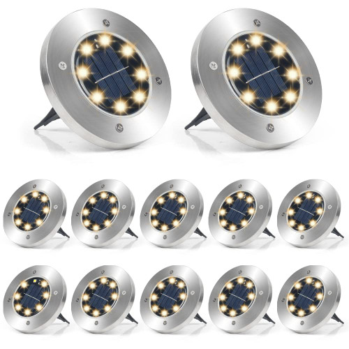 XSUPER Solar Ground Lights, 8 LED Solar Garden Lights, Waterproof In-Ground Outdoor Landscape Lights, 12 Packs Solar Powered Disk Lights for Pathway Lawn Yard Deck Walkway (Warm White)