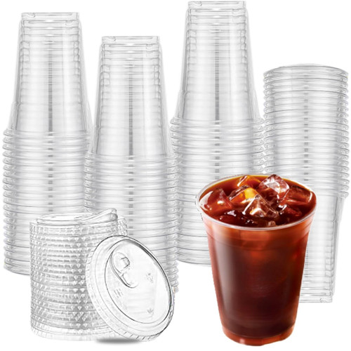 VCKK [ 100 Sets - 16oz Plastic Cups with Strawless Sip Lids, Disposable To Go Cups for Iced Coffee, Smoothie, Milkshake, Cold Beverage Drinking Cup - Clear VCKK [ 100 Sets - 16oz Plastic Cups with Strawless Sip Lids, Disposable To Go Cups for Iced Coffee, Smoothie, Milkshake, Cold Beverage Drinking Cup - Clear