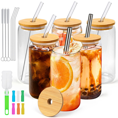6 Pack Beer Coffee Glasses with Bamboo Lids and Glass Straws, 16oz Iced Coffee Cups, Can Shape Glass Cups, Drinking Glasses with Lids and Straws, Beer Glasses, Ideal for Water, Soda, Tea, Gift 6 Pack Beer Coffee Glasses with Bamboo Lids and Glass Straws, 16oz Iced Coffee Cups, Can Shape Glass Cups, Drinking Glasses with Lids and Straws, Beer Glasses, Ideal for Water, Soda, Tea, Gift