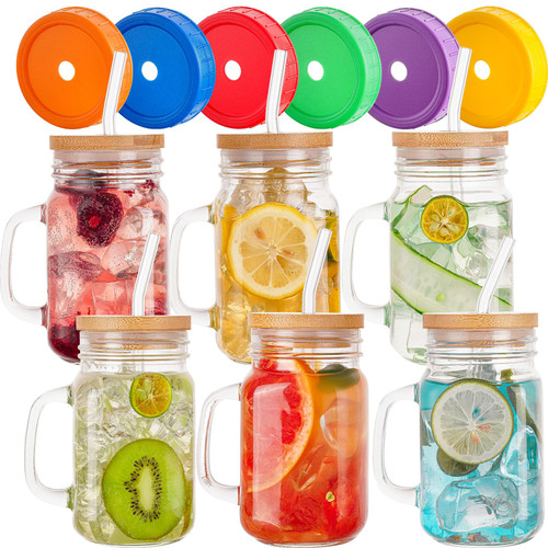 wookgreat Mason Jars with Handle, 6 Pack 16oz Mason Jar Drinking glasses with lid and straw, Mason Jar Cups, Regular Mouth Mason Jar mugs for Iced Coffee, Smoothie, Airtight Lids for Food Storage