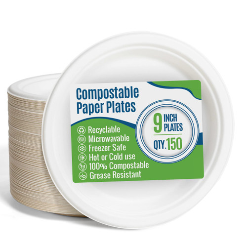 Paper Plates 9 Inch [150 Count] White Heavy-Duty - Microwavable, Hot & Cold, Sturdy Grease Resistant, Eco-Friendly, Food Grade Sugar Cane Fiber