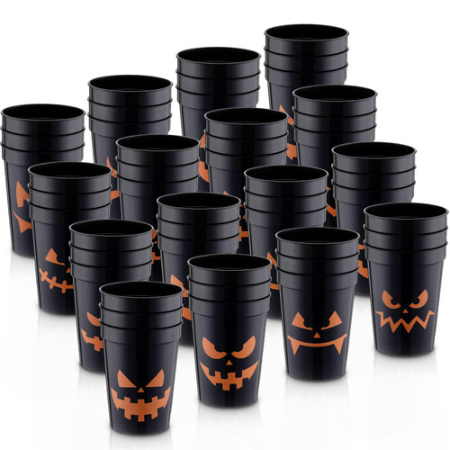 Yaomiao 48 Pcs Halloween Cups 12 Oz Pumpkin Design Plastic Cups Halloween Party Cups Stadium Cups for Halloween Parties, Halloween Party Favors, Halloween Decoration, Trick or Treat Supplies (Black)