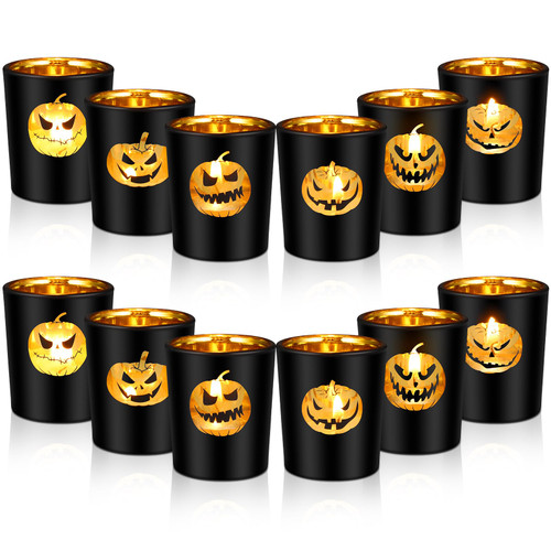 Suclain 12 Pieces Halloween Glass Votive Candle Holders Gold Tea Lights Candle Holder with Pumpkin Pattern Decorative Halloween Tealight Holder for Birthday Wedding Party Centerpiece Table Decoration