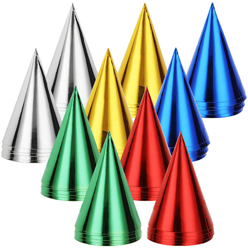 WOPPLXY 100 Pcs Multicolor Cone Party Hats, Metallic Cone Birthday Party Hats with Elastic String for Kids Adults(Gold, Silver, Red, Green, Blue)