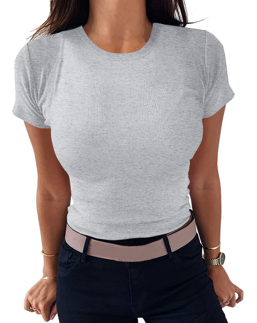 Roselux Women Crew Neck Ribbed Fitted Tight Tshirt Short Sleeve Shirt Basic Knit Top(3695,Grey-M)