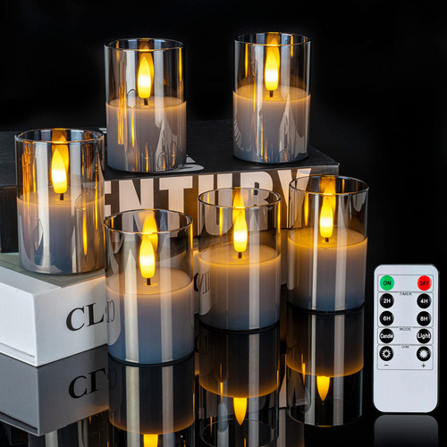 Homemory Glass Flameless Votive Candles with Timer Remote, 350+Hour Lasting Battery Operated Led Candles, 2" x 3" Real Wax 3D Wick for Festival Wedding Home Decor (6Pack, Gray) Homemory Glass Flameless Votive Candles with Timer Remote, 350+Hour Lasting Battery Operated Led Candles, 2" x 3" Real Wax 3D Wick for Festival Wedding Home Decor (6Pack, Gray)