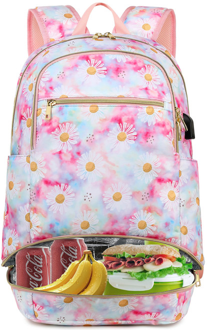 Lunch Backpack for Women Insulated Cooler Backpack 15.6 College Laptop Backpack with USB Port Daisy Nurse Backpack Teacher Work Bag (Floral)